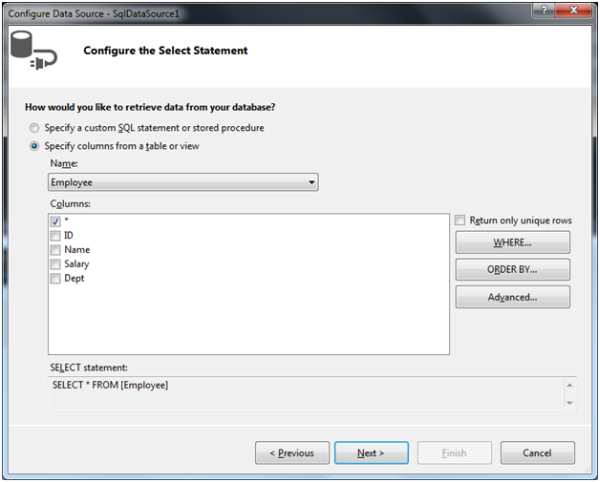choosing the table and columns
